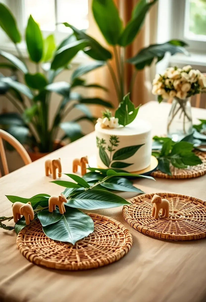 safari jungle baby shower table with tropical leaf garland, carved wooden animals, and rattan charger plates
