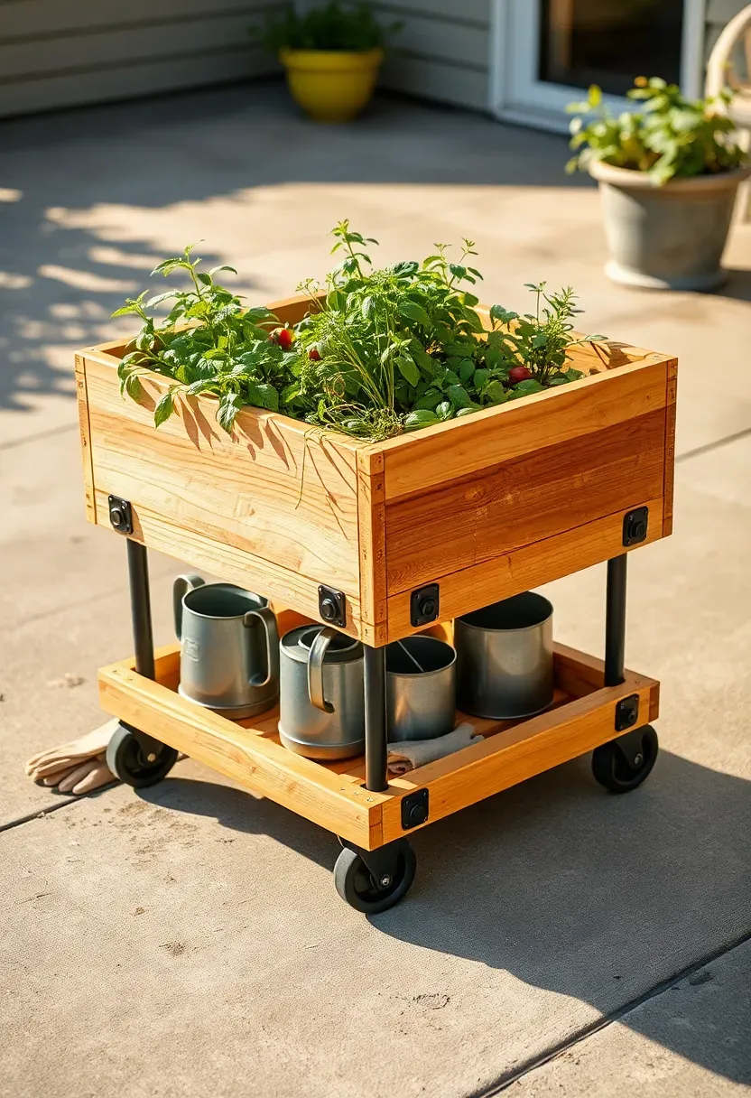 Mobile wooden rolling cart vegetable garden on casters placed on a sunny patio with herbs and small vegetables growing inside