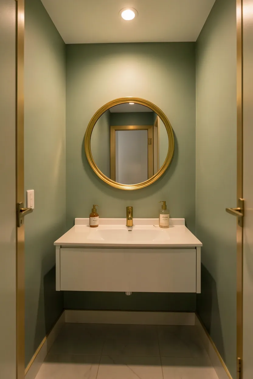 Small sage green powder room with gold-framed mirror, floating white vanity, and gold sconces — jewel-box rental bathroom