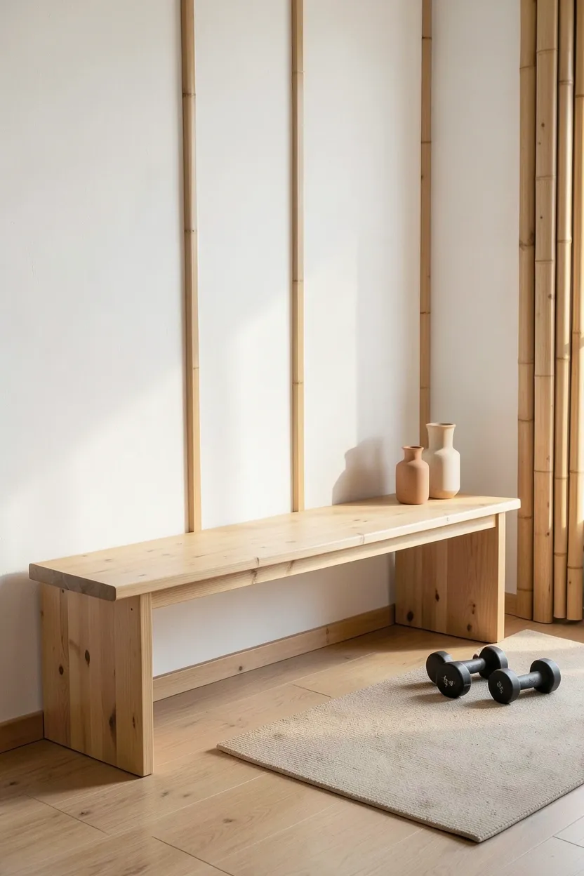 Small minimal gym room with light oak bench, bamboo storage basket, and natural fiber mat — warm organic tones balancing a clean white workout space