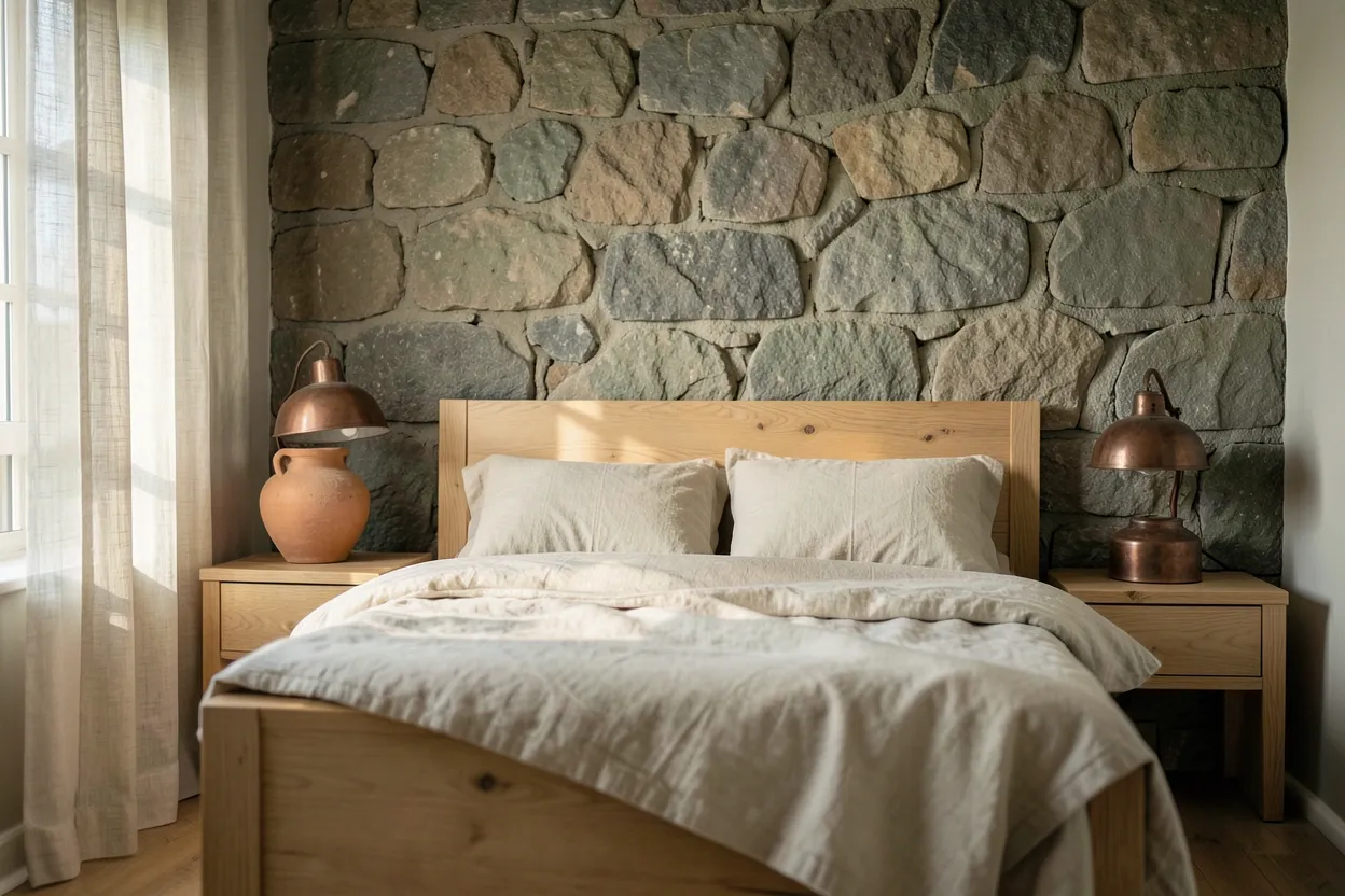 Serene wabi sabi bedroom with natural linen bedding, reclaimed wood headboard, and warm earthy tones