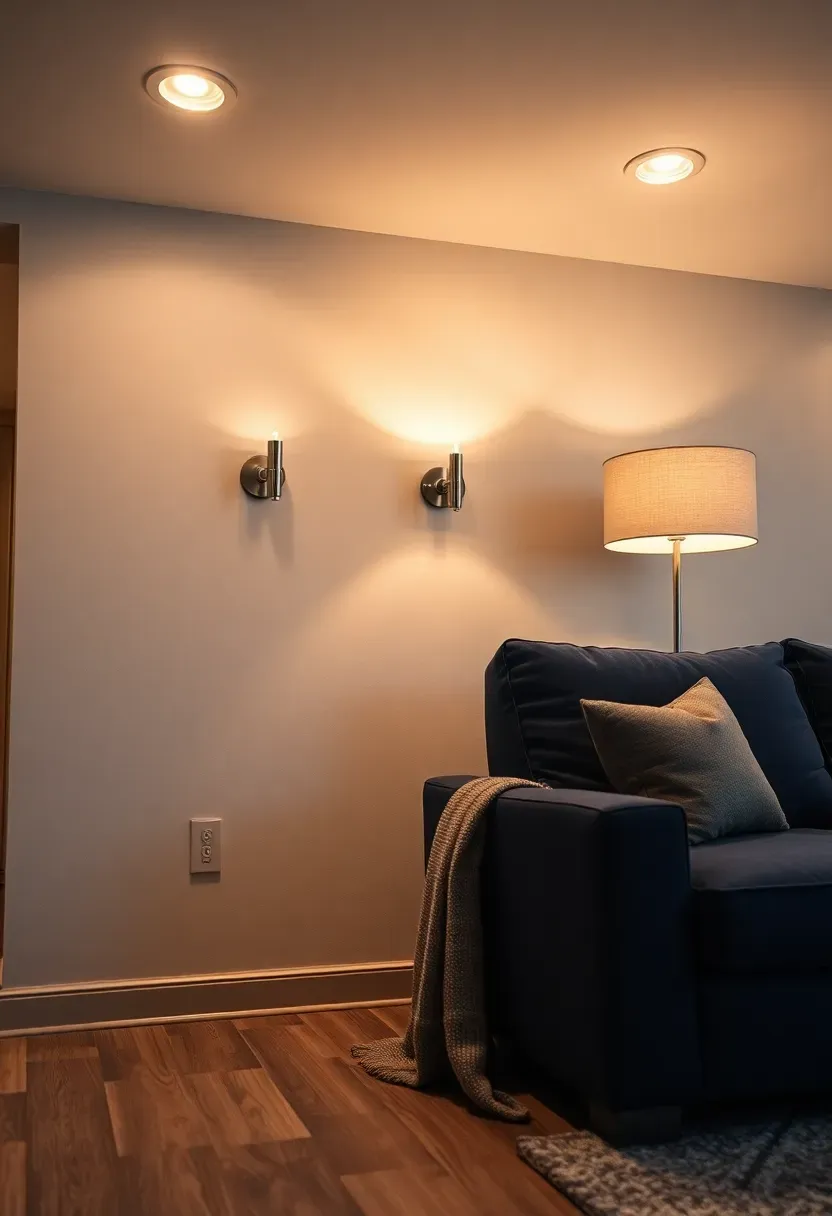 Finished basement with layered lighting including recessed ceiling lights, wall sconces, and a floor lamp beside a sofa
