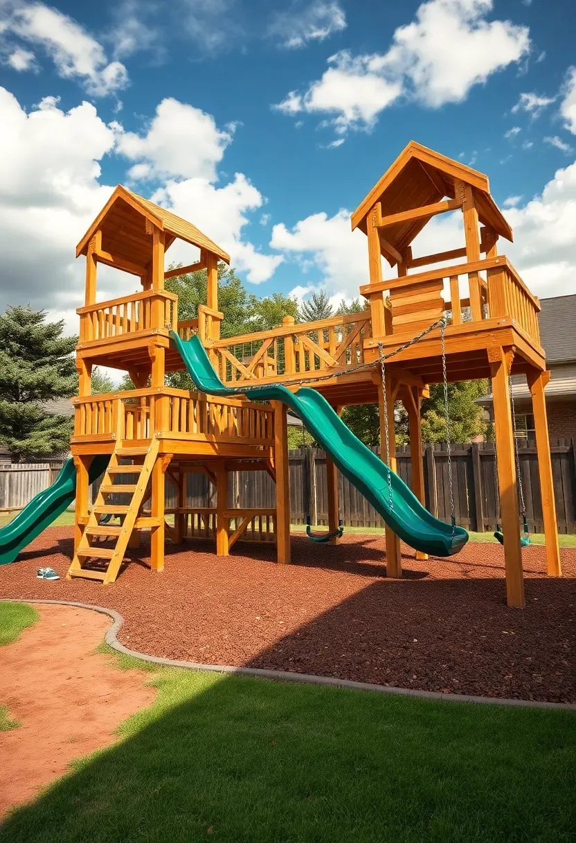 Large modular wooden playground system with multiple connected platforms, slides, climbing walls, and swing bay in a spacious backyard