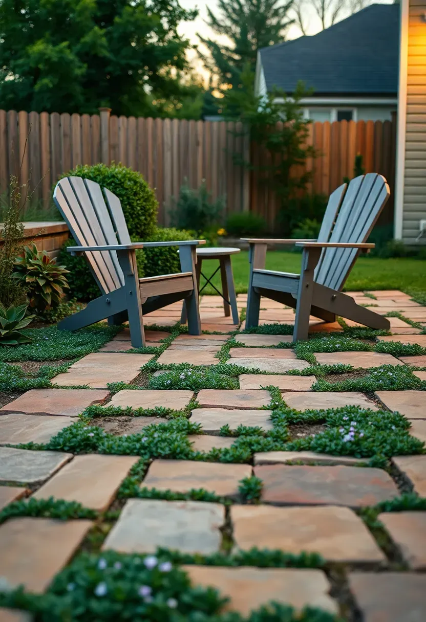 Irregular flagstone patio with filled joints of creeping thyme between stones and two Adirondack chairs on the surface at dusk