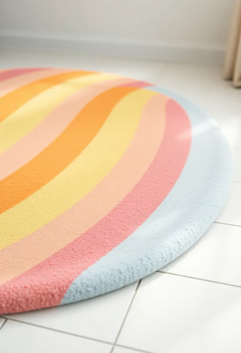 Pastel rainbow striped memory foam bath rug with non-slip backing on bathroom tile floor