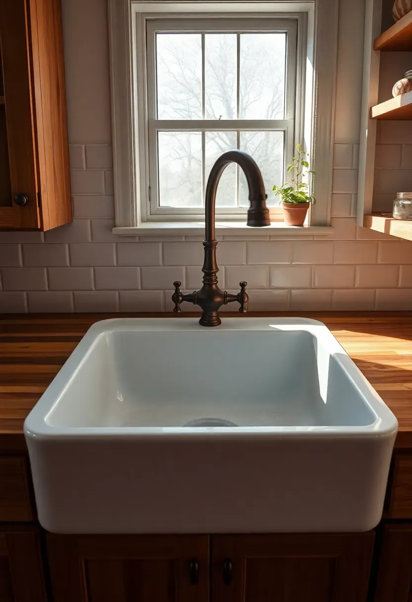 Hyper-realistic slightly elevated perspective of a white porcelain farmhouse sink with vintage-style bridge faucet in oil-rubbed bronze finish. Reclaimed wood cabinets on either side, warm butcher block counter. Water droplets visible in sink basin, slightly damp area around faucet from recent use. Small potted herb on windowsill behind. Creamy white subway tile backsplash with white grout. Natural daylight from window above sink, soft shadows. Materials: porcelain, oil-rubbed bronze, reclaimed wood, butcher block walnut. Rustic welcoming mood. Visible kitchen context - lower cabinets, open shelving on right. No text, no logos, no watermarks. Negative prompt: 