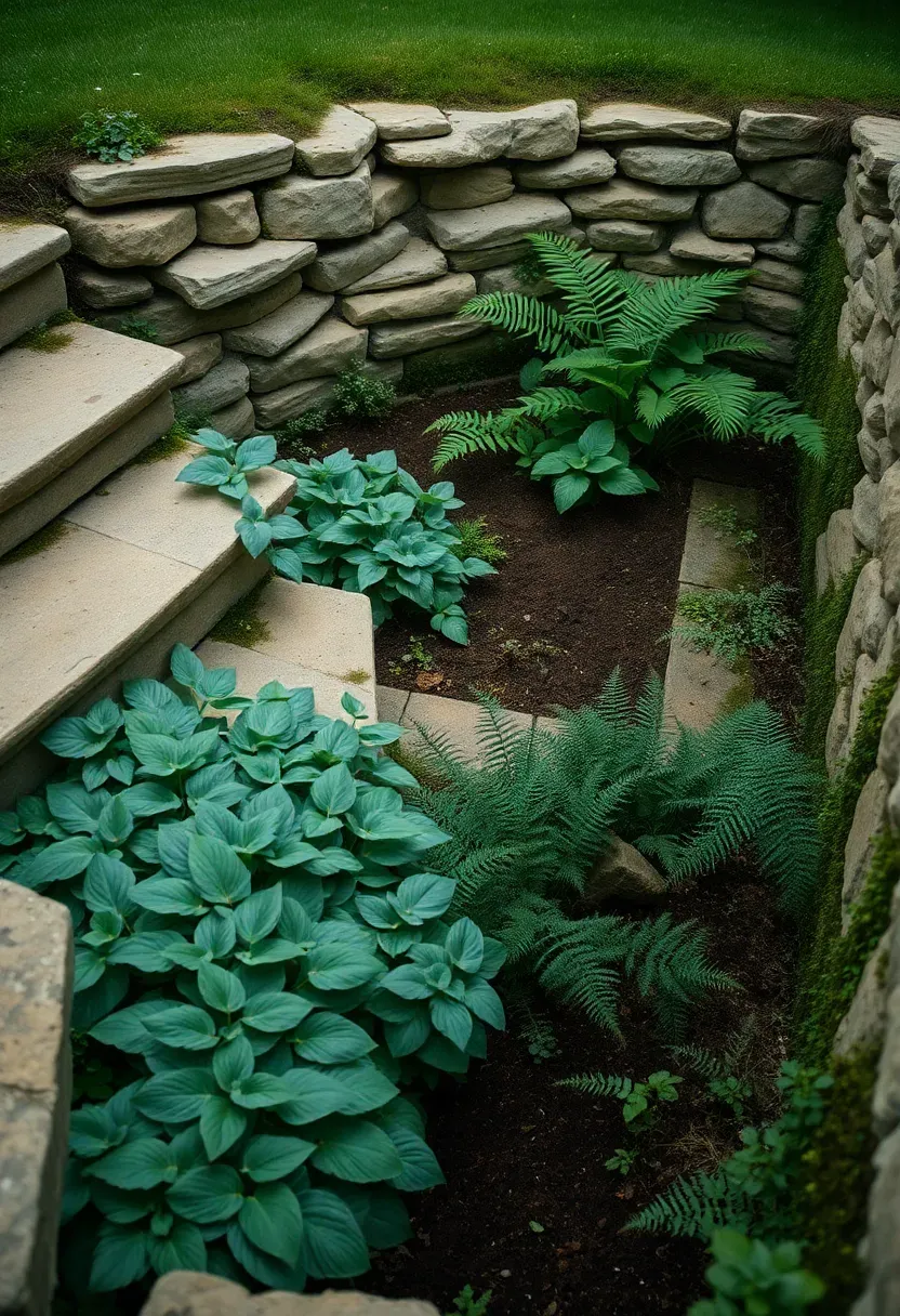 Sunken garden bed below lawn level with stone steps leading down into a sheltered rectangular planting area filled with lush ferns and hostas