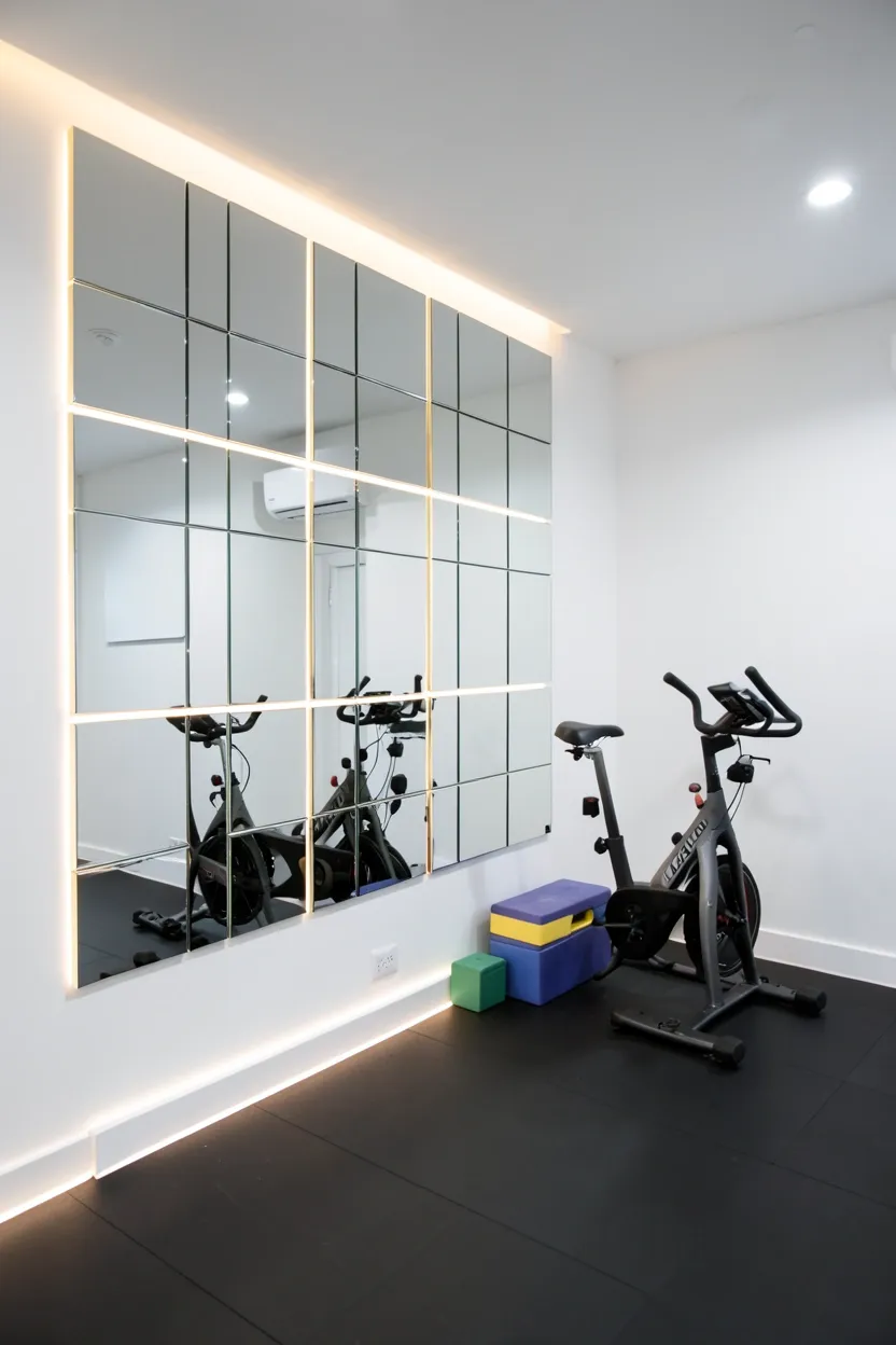 Corner mirror setup in a compact gym room with two mirror panels at 90 degrees creating a reflective workout zone
