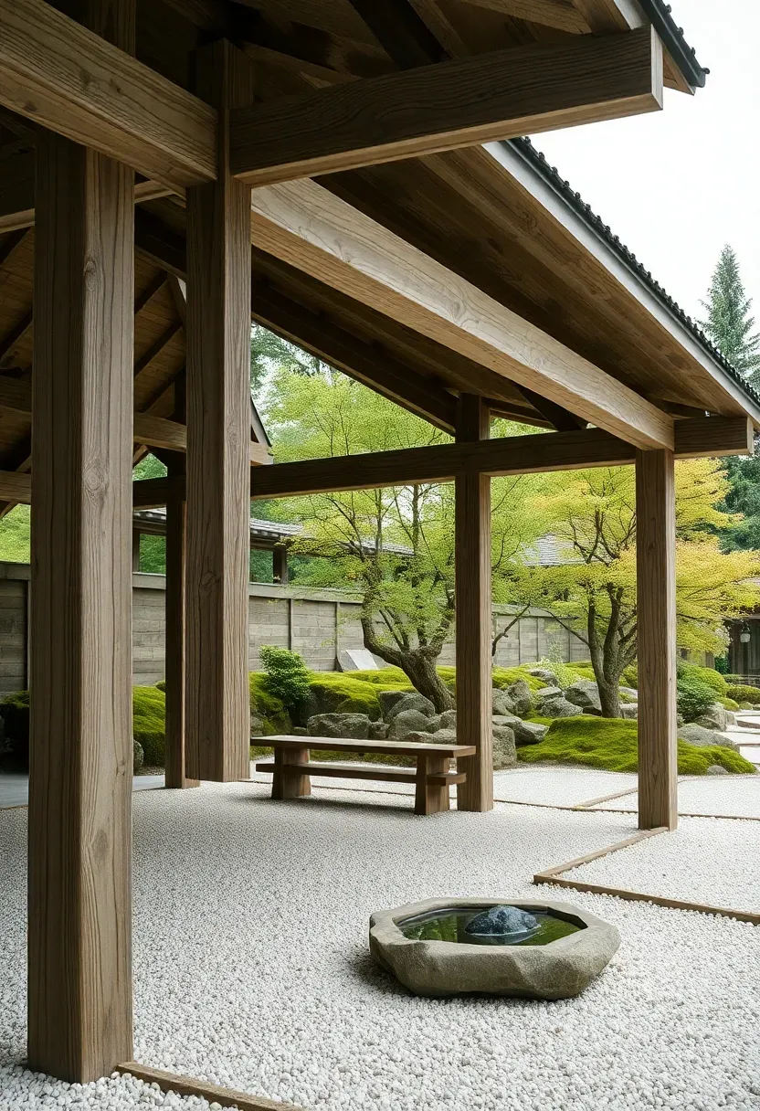 Japanese-inspired timber canopy with clean lines over a zen garden seating area