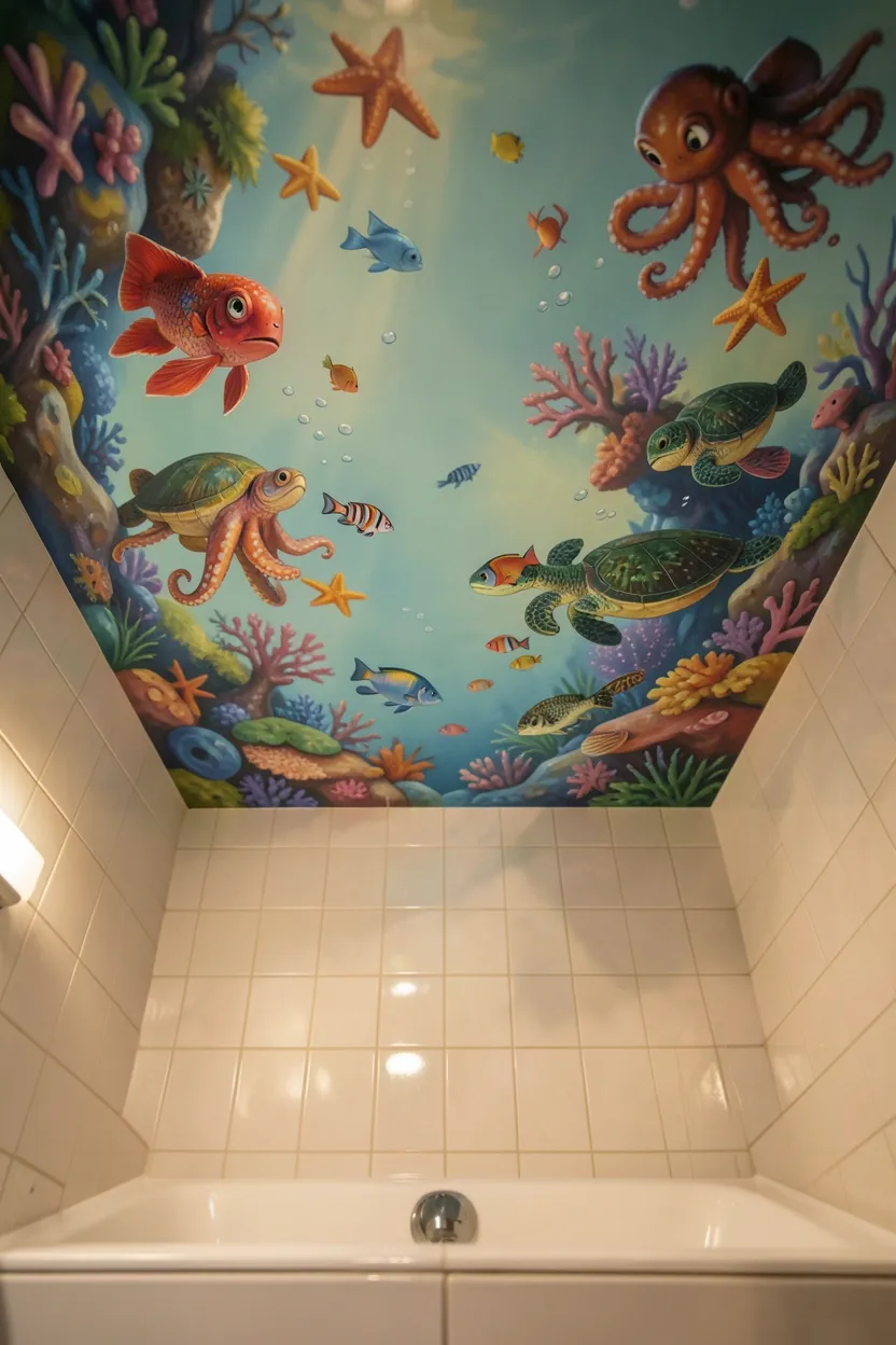 Hand-painted underwater ocean mural on bathroom ceiling with colorful fish sea turtles and coral above a bathtub