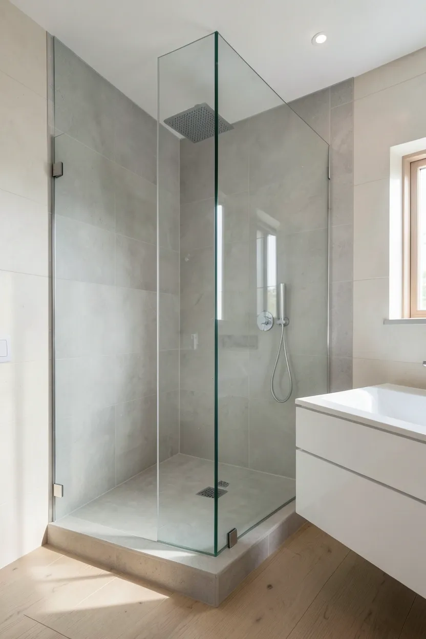 Hyper-realistic eye-level photograph of frameless glass shower enclosure in zen bathroom. Frameless clear glass enclosure creates seamless barrier to shower area. Beyond glass, shower walls in large format light grey ceramic tiles with rainfall showerhead. Foreground shows pale cream tile walls, light wood floor, minimal white floating vanity. No visible metal frames or channels. Bathroom feels open and connected. Natural morning light. Materials: frameless glass, ceramic tiles, oak wood. Contemporary minimalist mood. Focus on seamless glass detail. No text, no logos, no watermarks.</p>
