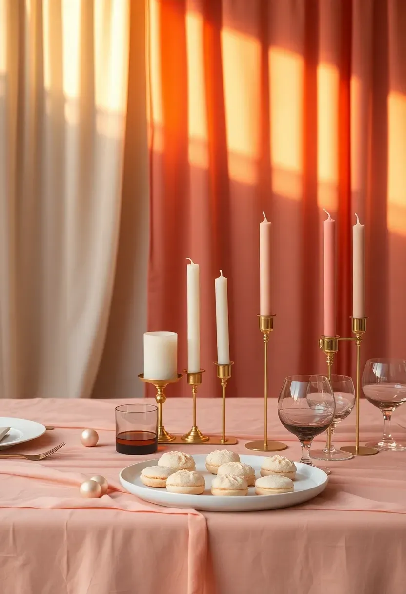 sunset ombre baby shower decor with gradient peach to coral draped fabric and candles