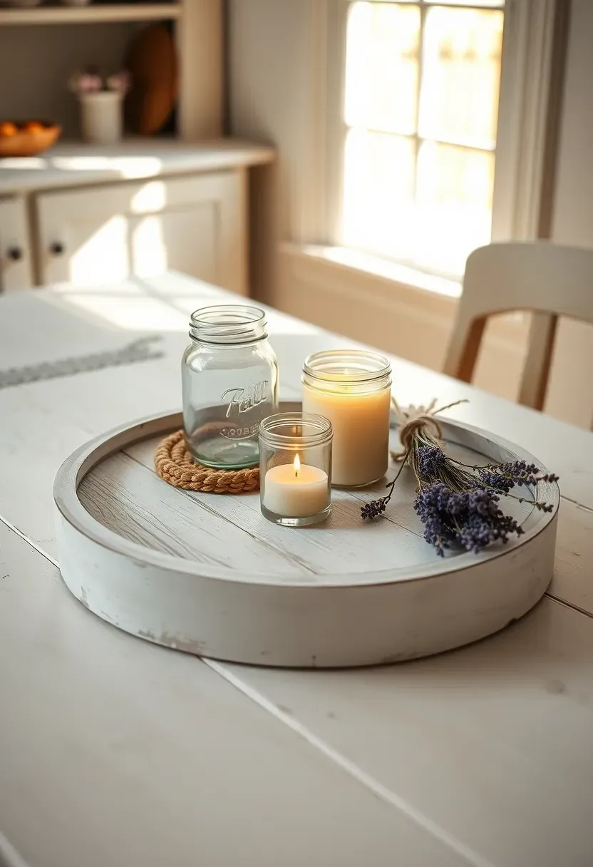 Rustic round wooden tray with mason jar candle woven coaster and small lavender bundle