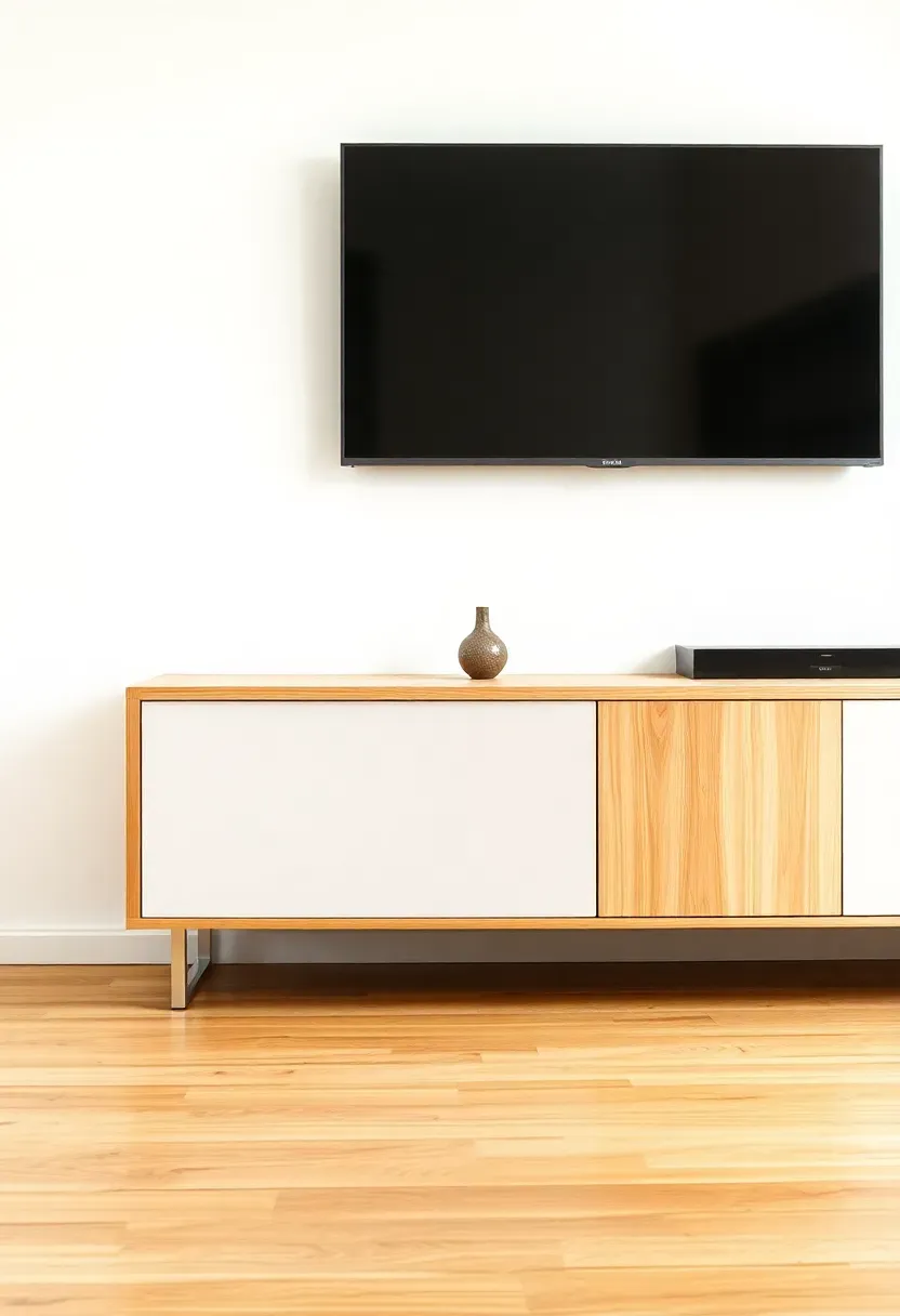Hyper-realistic straight-on view of low-profile Scandinavian media console in light oak with closed storage doors, slim floating design. Console sits beneath wall-mounted TV (screen dark). Minimal objects on surface: single small vase. Light oak floor, white wall. Materials: natural oak with subtle grain, matte white cabinet doors. Clean diffused daylight. Disappearing minimalist design mood. Shallow depth of field showing wood texture and cabinet hardware detail. No text, no logos, no watermarks.</p>