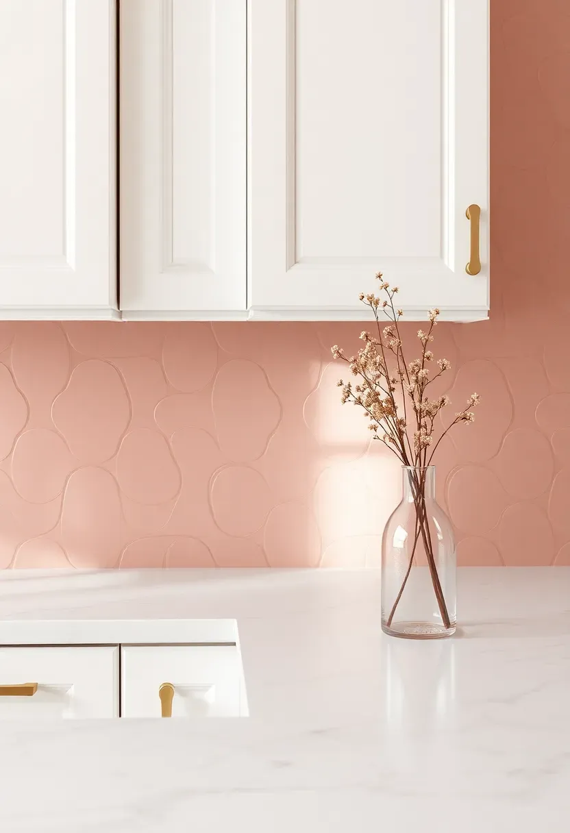 dusty rose arabesque lantern tile backsplash with white cabinets and gold hardware in a feminine bright kitchen