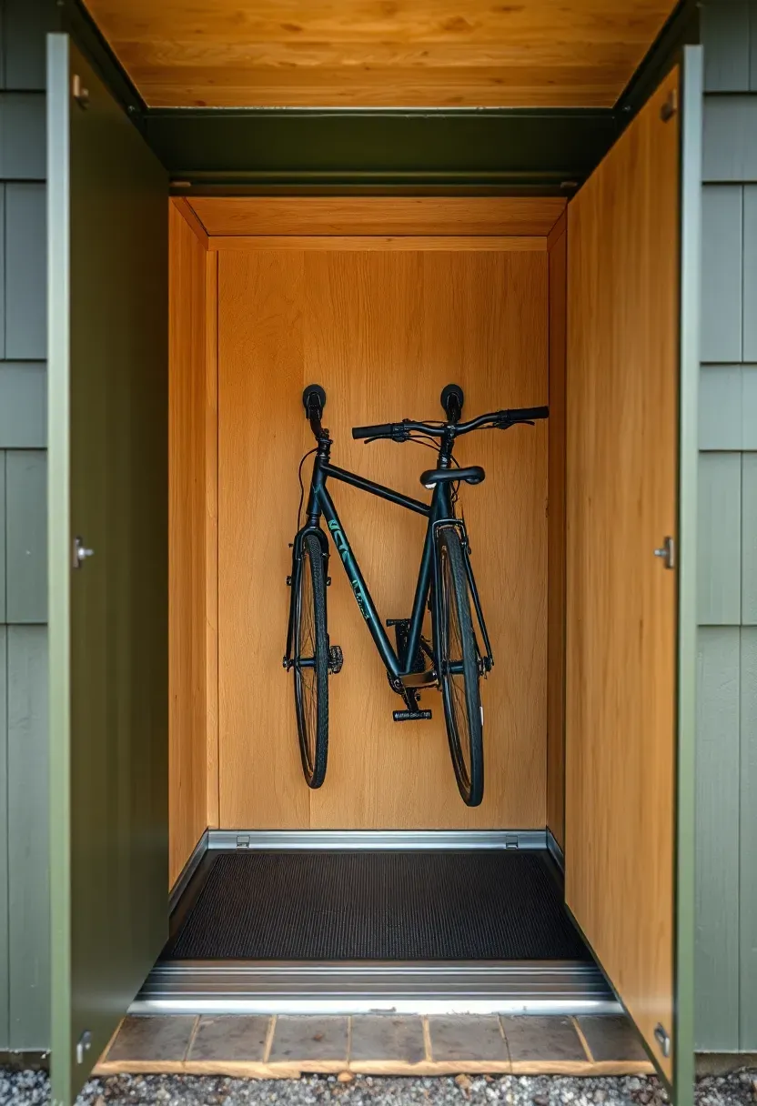 A narrow bike storage shed with a hinged front panel open to show two bicycles hanging vertically on wall-mounted hooks