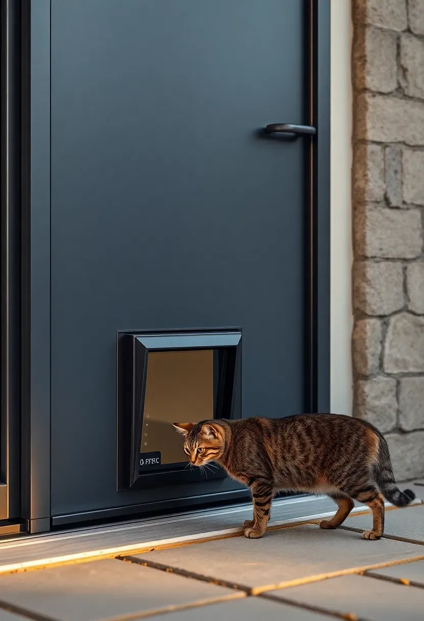 Modern anthracite grey composite exterior door with RFID smart pet door integrated into lower panel, matte black sensor housing, tabby cat approaching the electronic flap