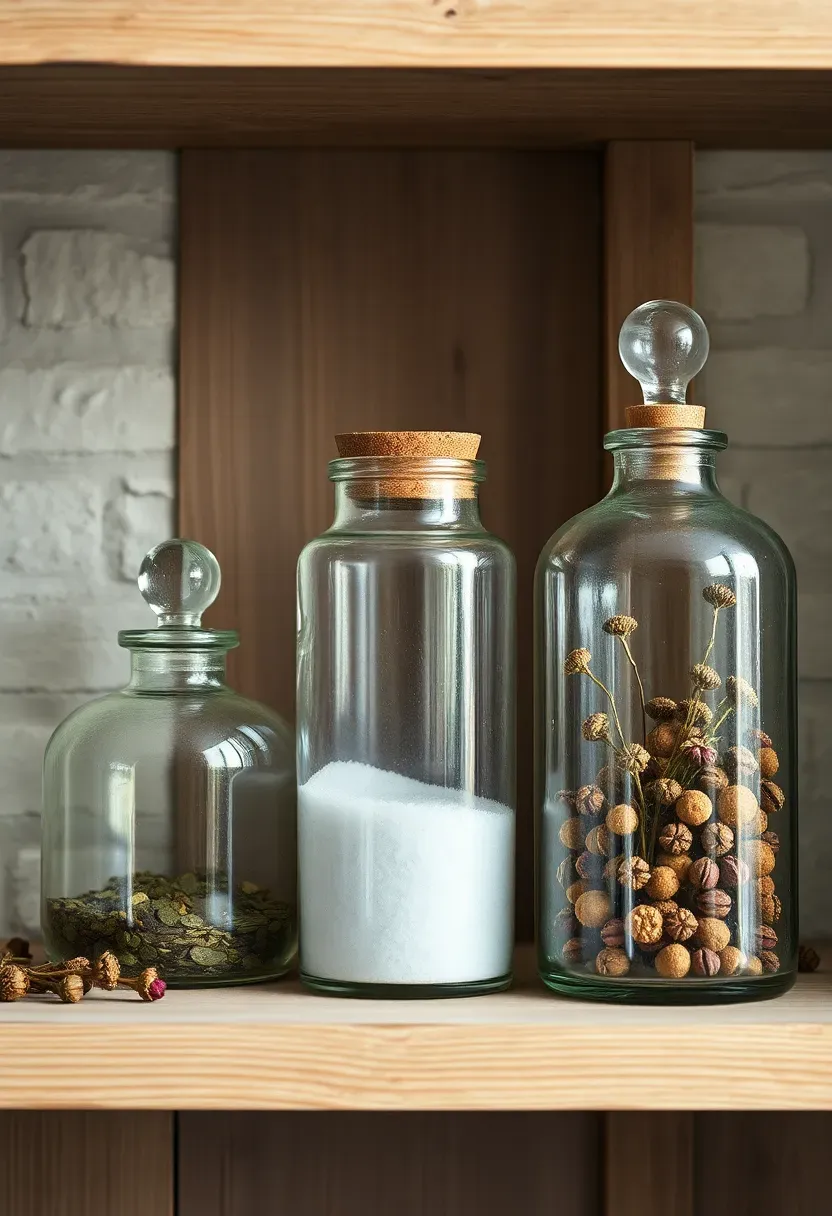 apothecary glass jars with dried herbs on an aged pine shelf