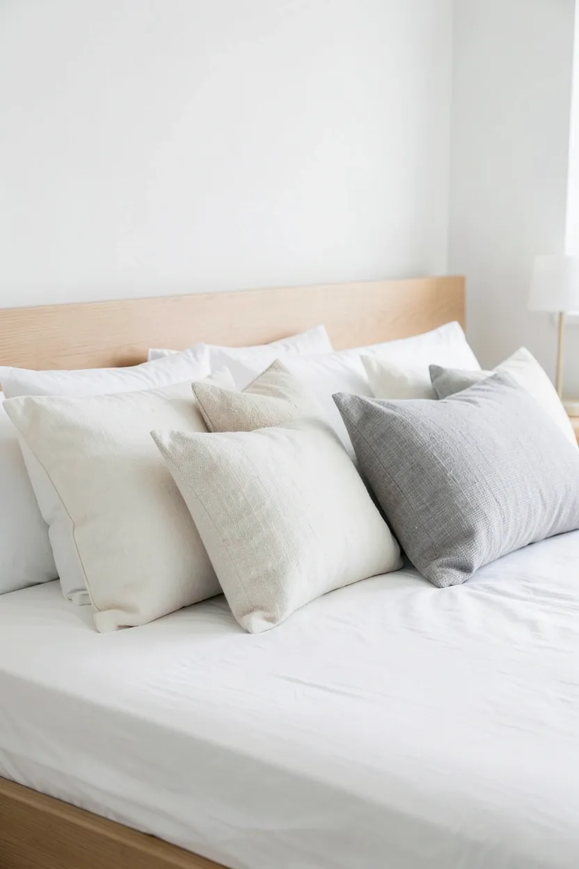 Soft textured throw pillows in cream, oatmeal, and warm gray linen stacked on a Scandinavian rustic bed with a chunky knit blanket