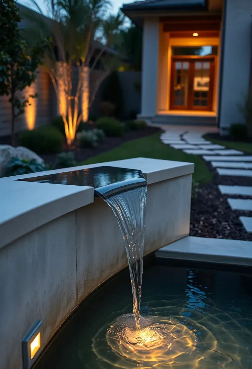 Infinity edge spillover wall with water flowing over a precisely leveled concrete edge into a hidden catch channel below surrounded by landscape lighting