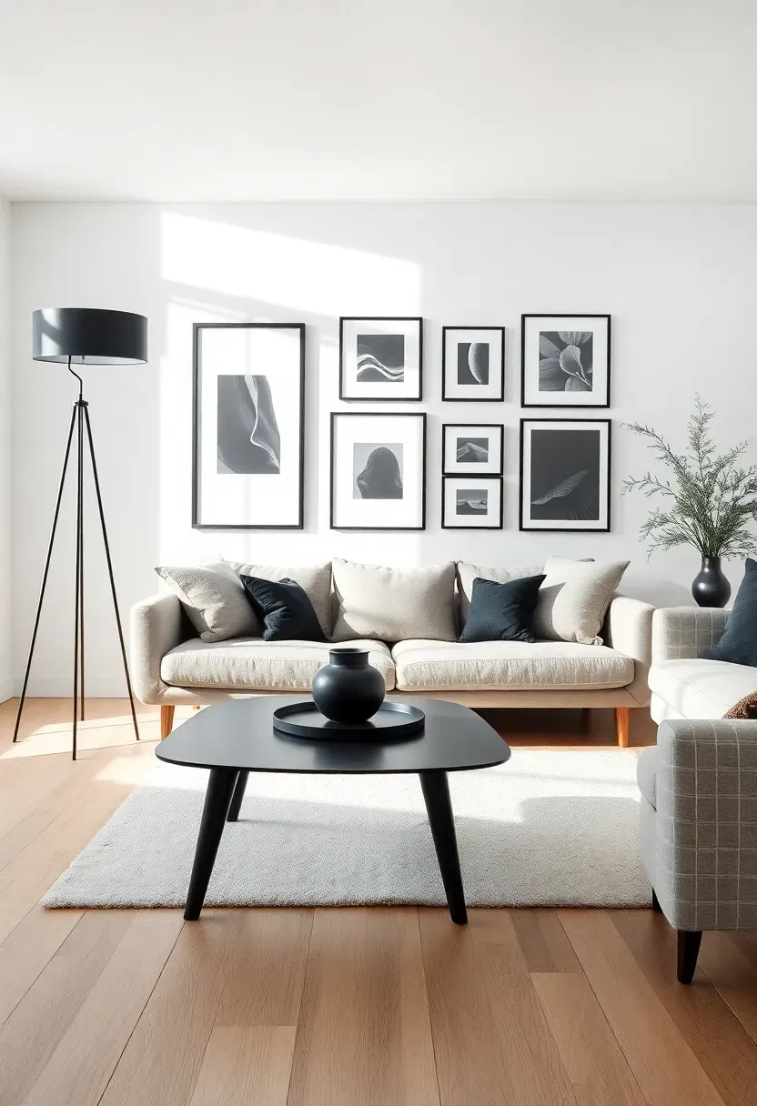 Hyper-realistic wide view of predominantly white Scandinavian living room with strategic black accents: black floor lamp with slender legs, matte black picture frames on gallery wall, black ceramic vase on coffee table, sofa with black wood legs. Light oak floor, white walls. Materials: matte black metal, black wood, black ceramic. Bright diffused daylight creating sharp graphic shadows. Nordic winter contrast mood with black punctuation against white. Shallow depth of field showing black frame textures and contrast details. No text, no logos, no watermarks.</p>