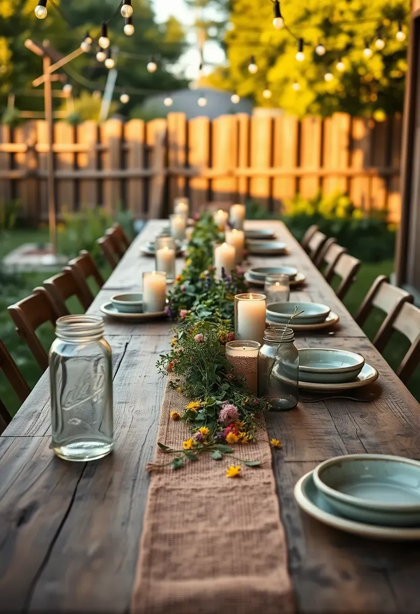 Long rustic farm table with burlap runner, mason jar candles, and wildflowers for an outdoor gathering