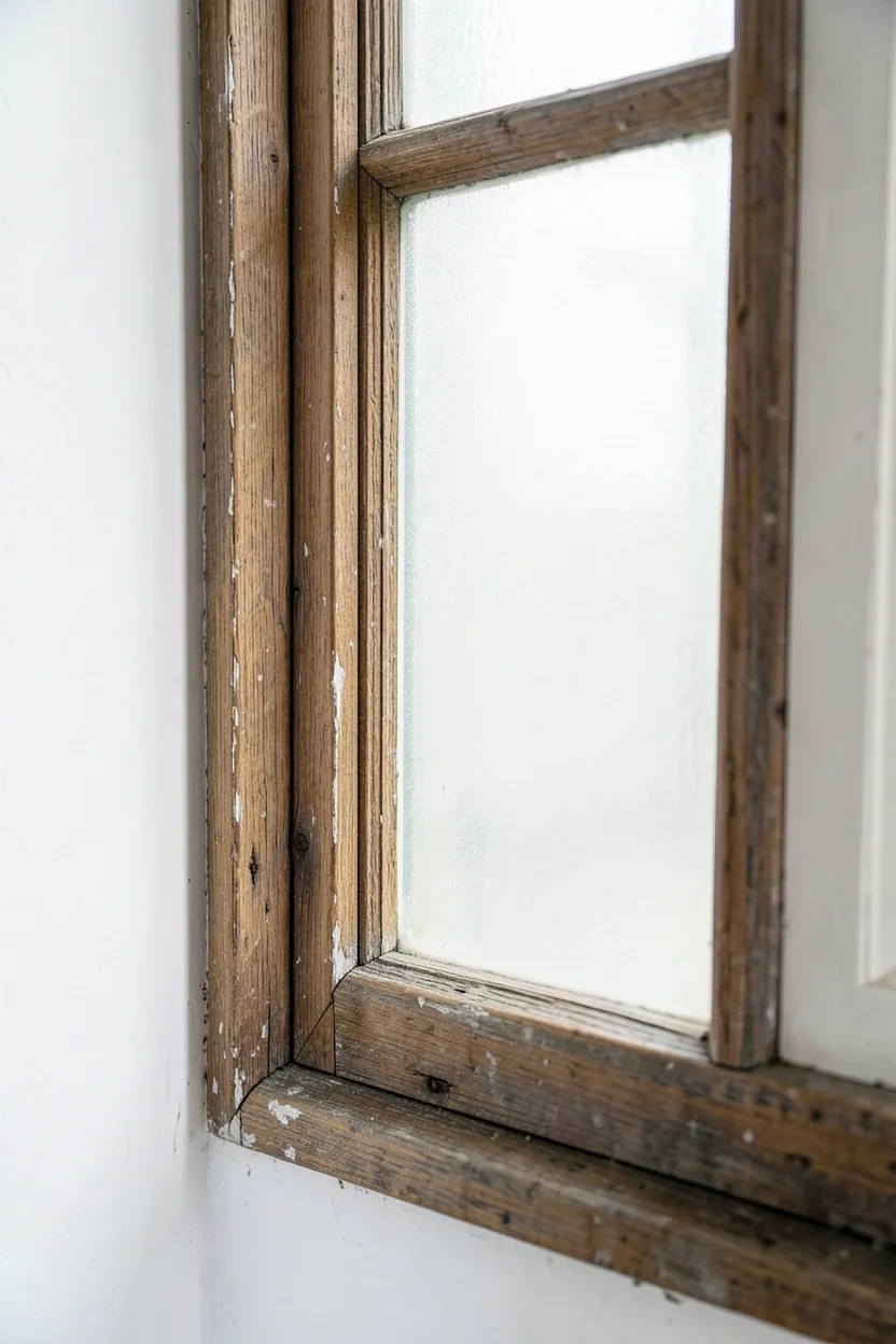 Weathered barn wood frame around a bathroom mirror with natural grain and subtle distressing on white walls