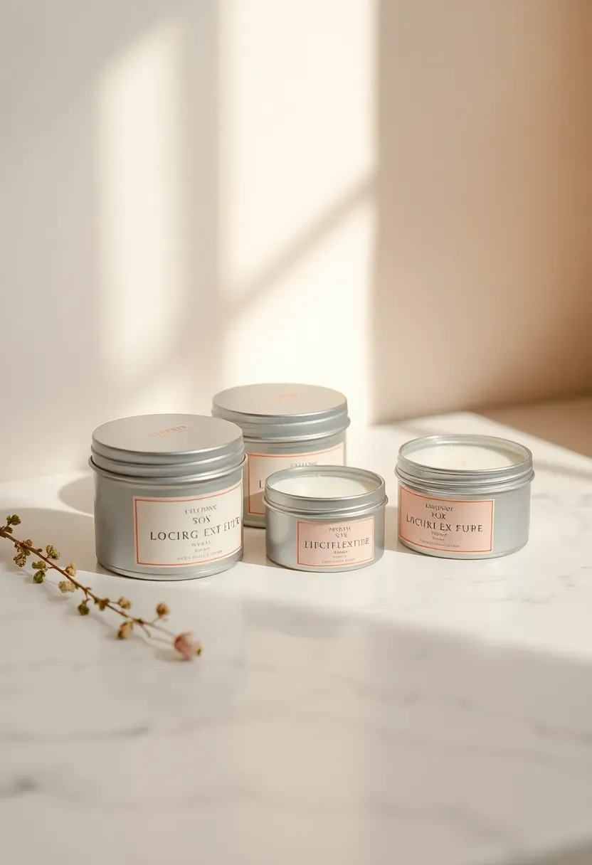 mini scented soy candle tins with pastel labels arranged on a baby shower favor display