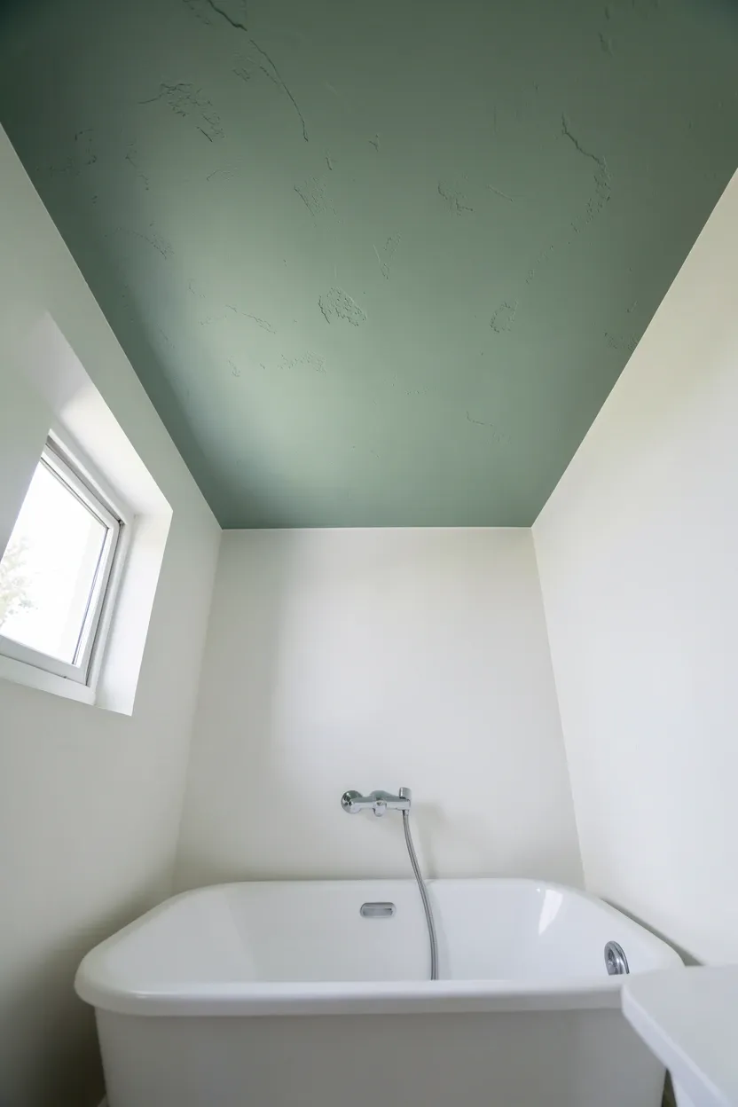 Hyper-realistic eye-level photograph looking upward at sage green painted bathroom ceiling with natural light from small window, white walls visible, white freestanding tub below. Soft ambient lighting. Materials: sage green painted plaster, white walls, porcelain tub. Cozy intimate green ceiling. Clean modern aesthetic. No text, no logos, no watermarks.</p>