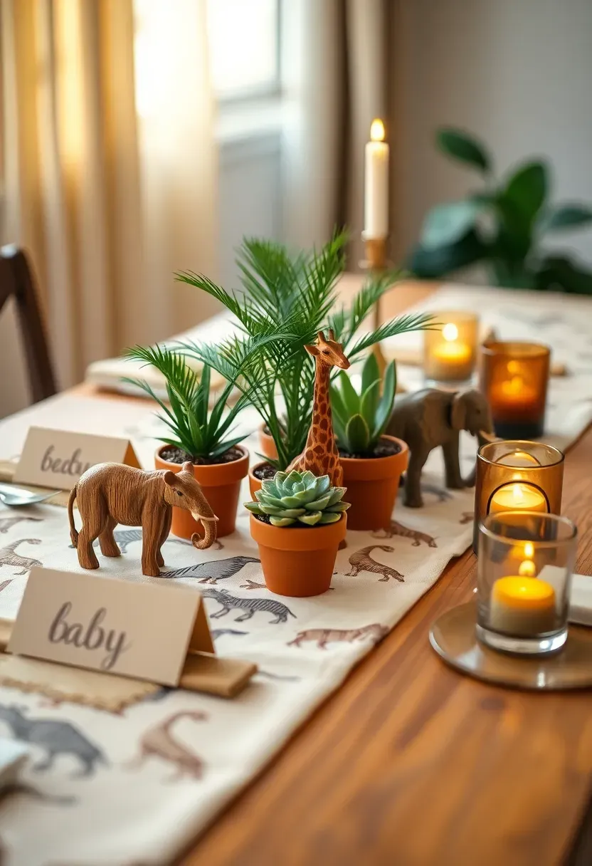 safari themed baby shower table with animal print runner, potted palm leaves, wooden animal figurines, kraft paper place cards, and a three tier jungle cake