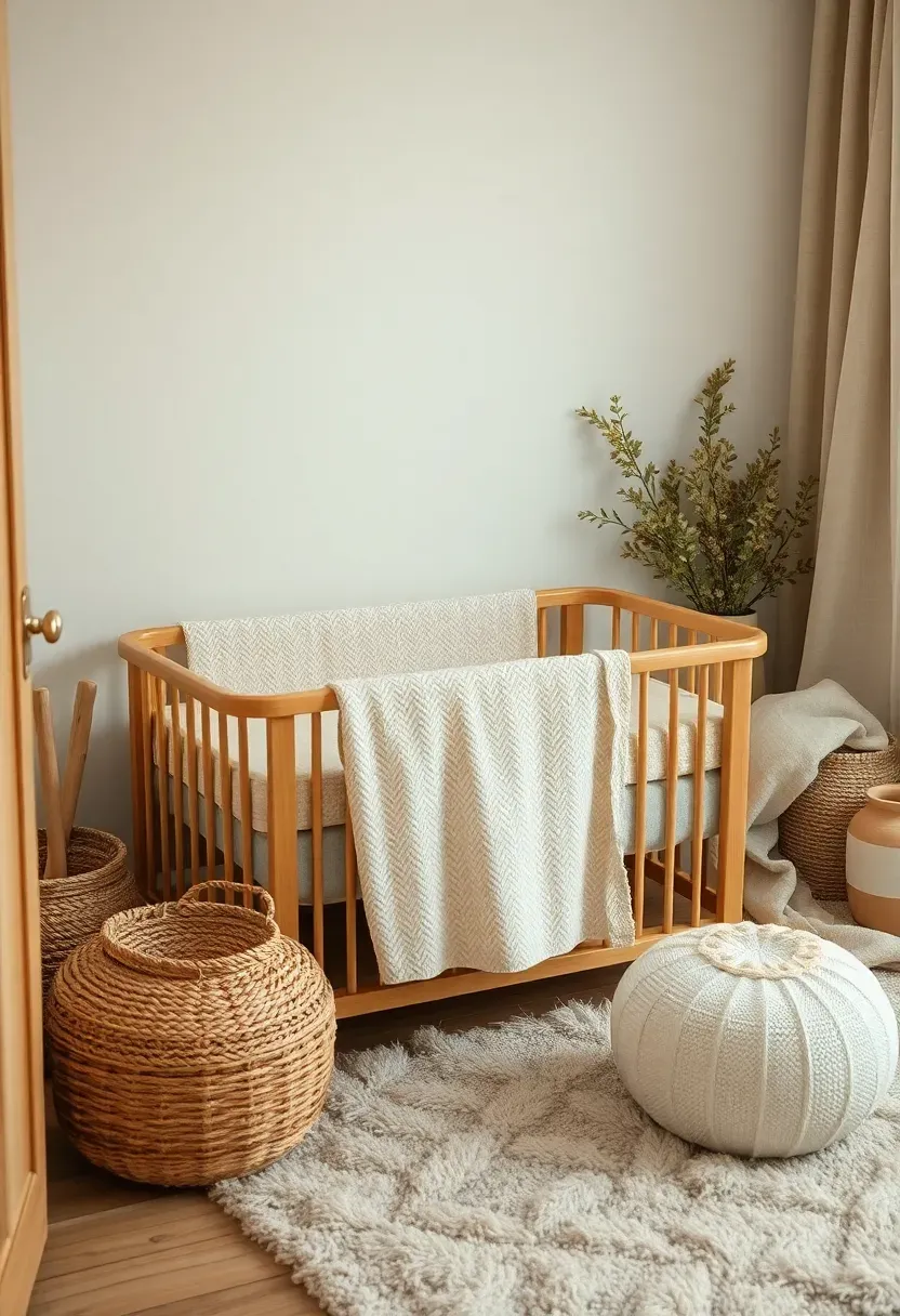Neutral beige nursery corner in parent bedroom with layered linen and wool textures, cream bassinet, jute rug, and warm-toned table lamp