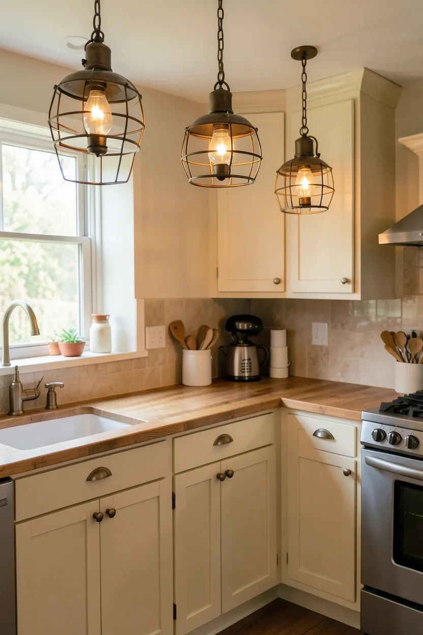 Antique brass cage-style pendant lights hanging over a small farmhouse kitchen island, providing warm task lighting