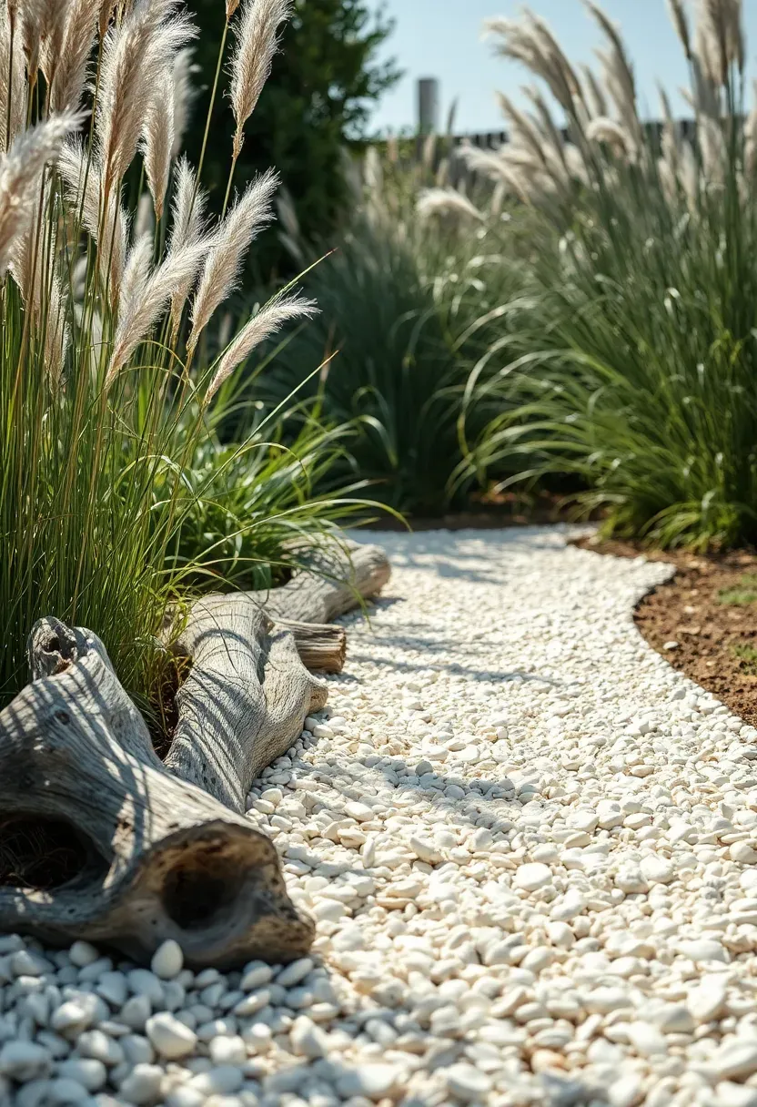 A crushed shell pathway in soft white winding through a coastal-style backyard garden with ornamental grasses