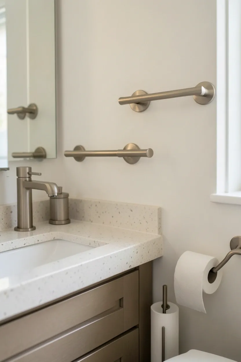 Matte black towel bar, toilet paper holder, and faucet with matching hardware finish creating a cohesive look in a modern apartment bathroom