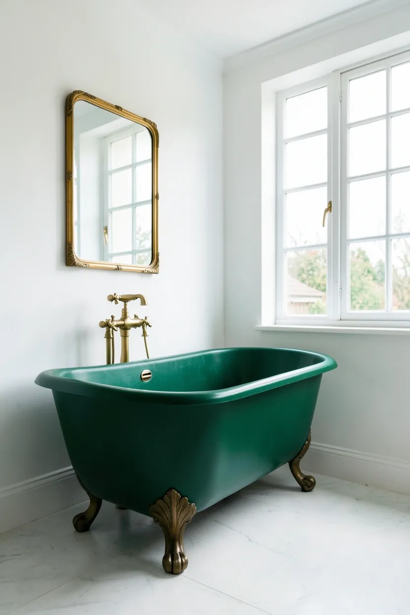 Freestanding emerald green bathtub with gold faucet in a large white master bathroom — bold statement green bathroom design
