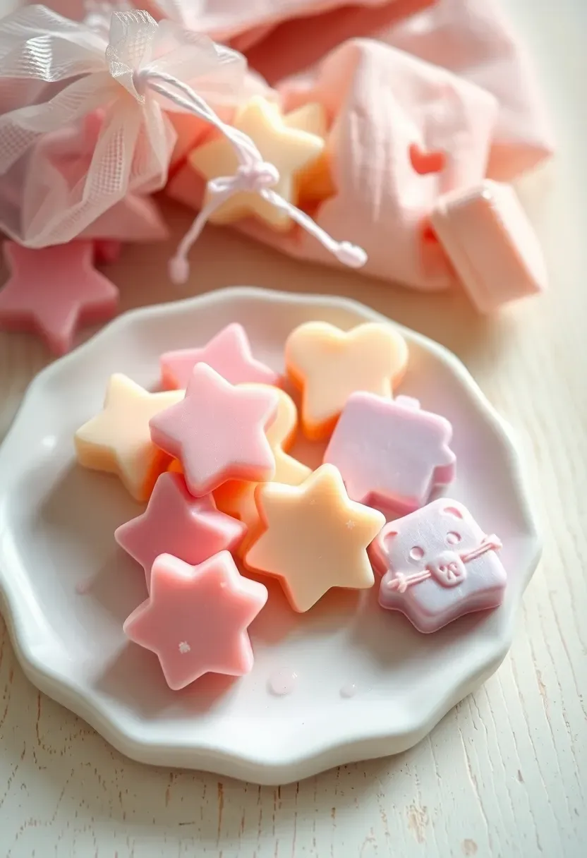 baby shower scented wax melts in silicone molds shaped like stars and hearts on a table