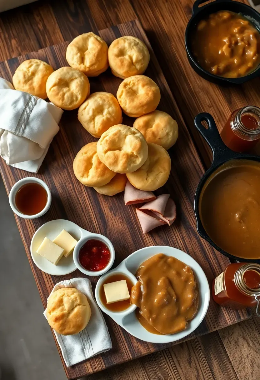 southern style baby shower biscuit board with golden fluffy biscuits butter honey jam fried chicken slices and gravy in a rustic farmhouse setting