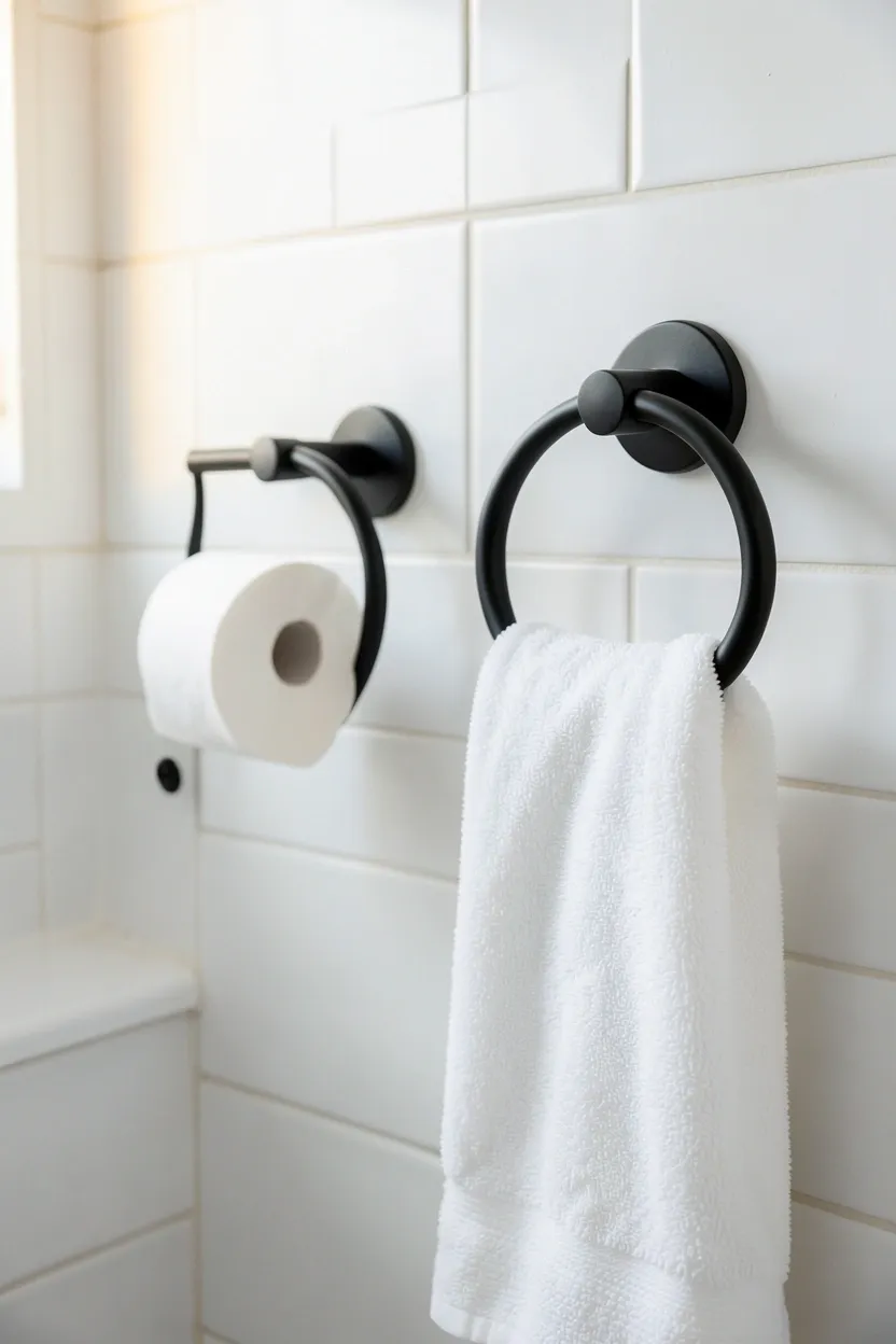 Matte black toilet paper holder, towel ring, and soap dispenser set on white bathroom wall — affordable accessory upgrade for renters