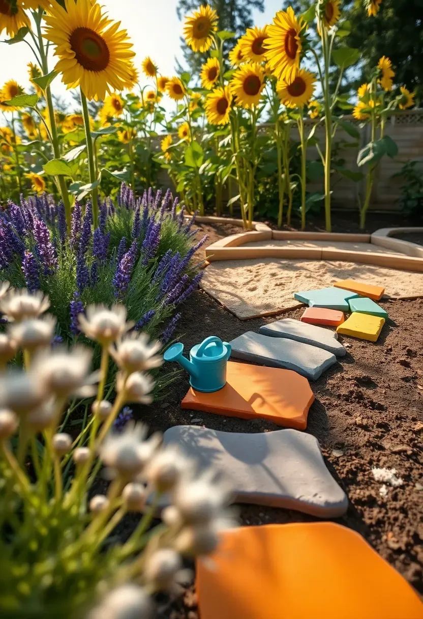 A kid-friendly sensory garden with soft lamb's ear, fragrant lavender, colorful sunflowers, a small sandbox, and stepping stones