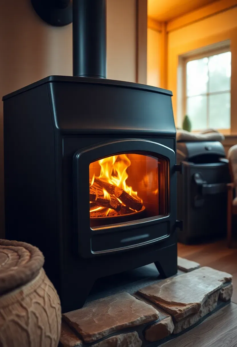 Hyper-realistic 3/4 view of a tiny house interior showing modern pellet stove with glass door viewing flames, hopper visible, stone hearth. Materials: black steel pellet stove, natural stone hearth, light wood walls, warm ambient glow. Cozy heating appliance, renewable energy. Clean burning technology, sustainable comfort. Shallow depth of field, comfortable interior. No text, no logos.</p>