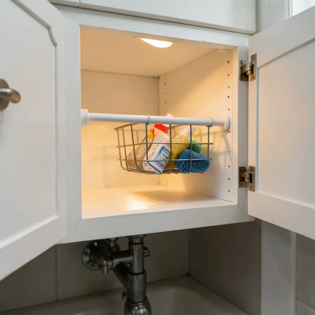 Tension rod organizer mounted inside bathroom cabinet