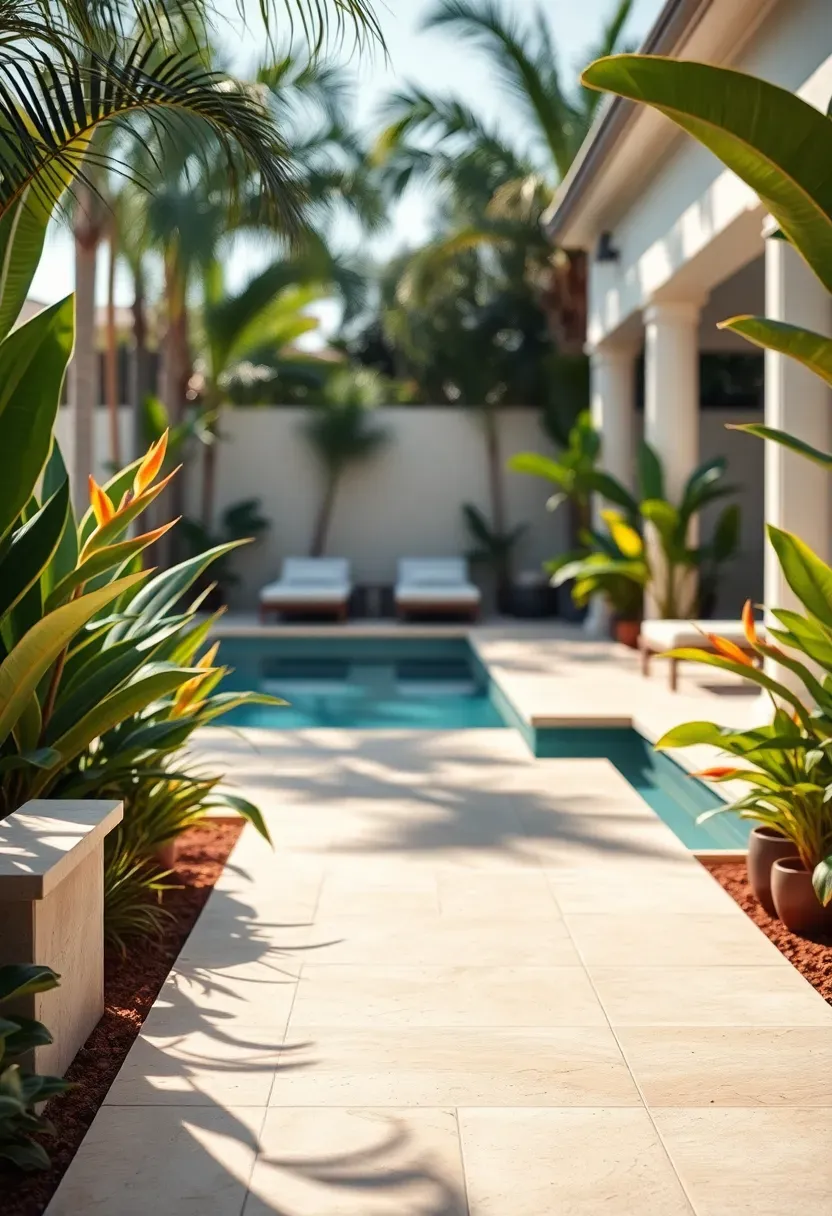 Travertine tile pathway in ivory color with filled and honed finish through an upscale backyard with a pool visible in background