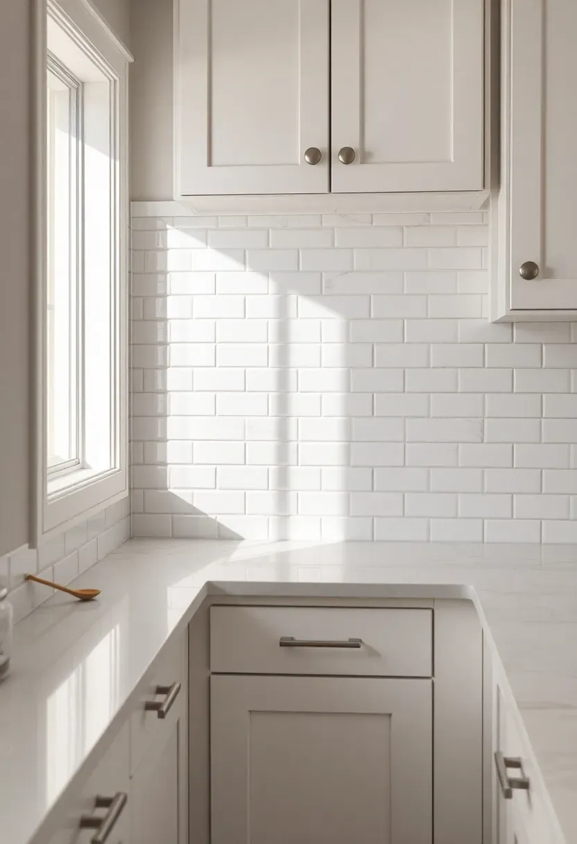 white herringbone subway tile backsplash with thin gray grout lines in a bright kitchen with white cabinets and quartz counters