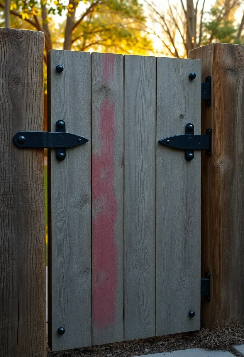Backyard gate built from reclaimed barn wood with visible nail holes and weathered gray patina, mounted on rustic iron hinges