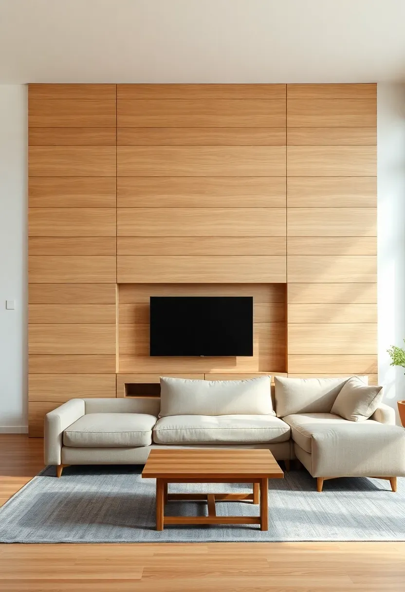 Hyper-realistic wide shot of a minimalist Japandi living room with wall of horizontal light oak wood panels, some panels slid open to reveal TV, others closed. Low sofa facing the wall, wooden coffee table. Materials: warm white walls, light oak panels, beige linen sofa, gray wool rug. Soft natural daylight, subtle shadows showing panel depth, serene and uncluttered atmosphere. Sharp wood grain details, clean composition, no visible cables or clutter, no text, no logos.</p>