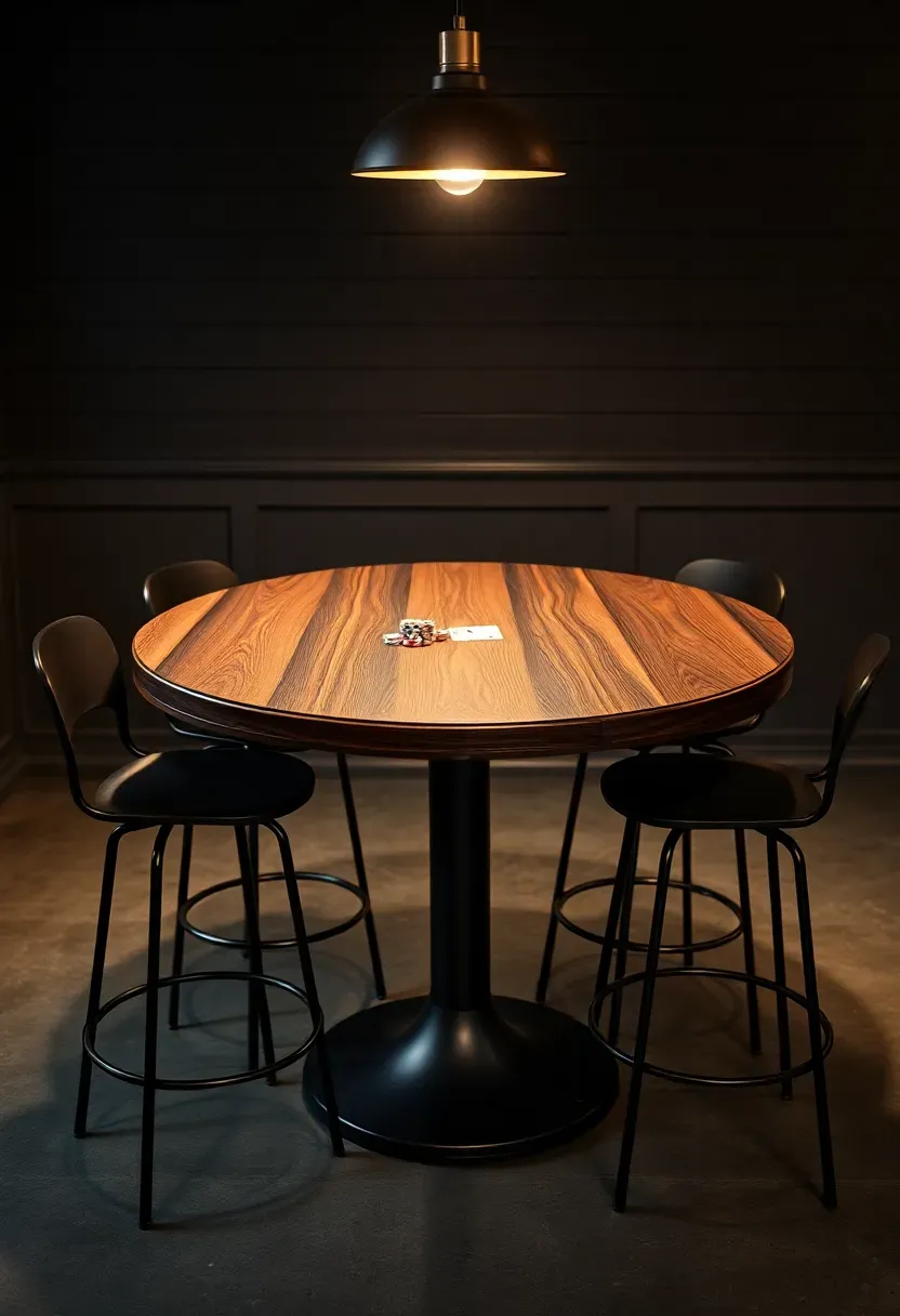 Pub-height game table with four stools in a basement game room with pendant lighting