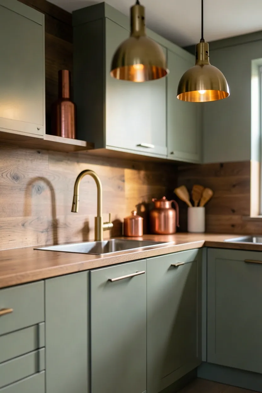 Brass kitchen faucet and copper pendant light fixtures adding warm metallic accents to a modern boho kitchen with natural wood