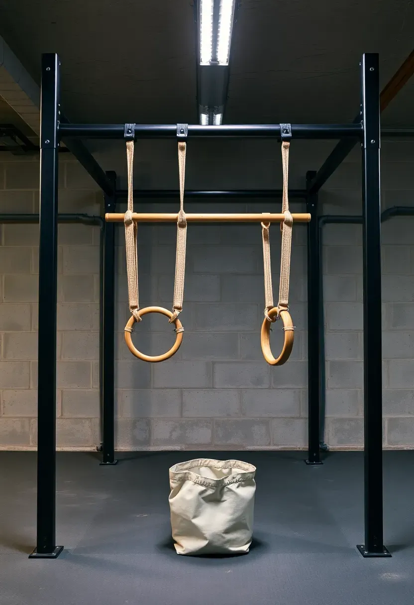 Steel CrossFit rig with multiple pull-up bar heights, gymnastic rings hanging from crossbeams, and chalk bucket on the ground in a basement