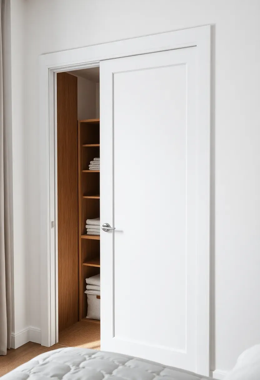 Pocket door sliding into the wall beside a bedroom closet, half open showing organized interior