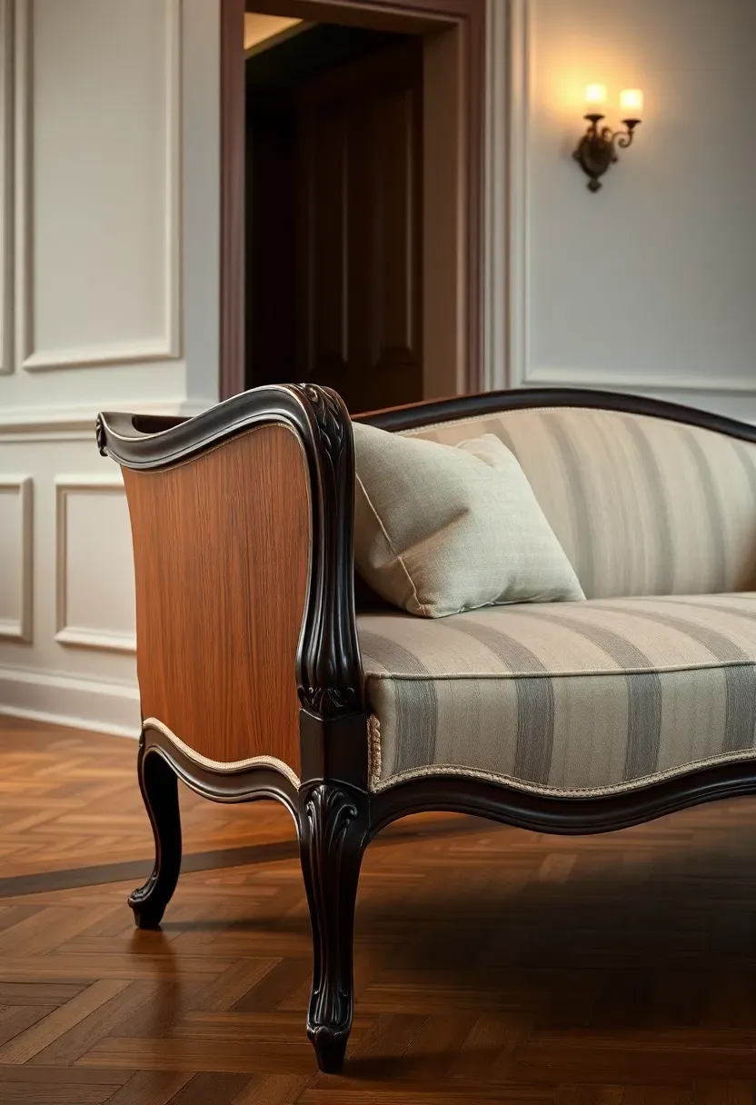 French provincial settee with carved mahogany frame, curved back, and cream striped upholstery in a formal sitting area